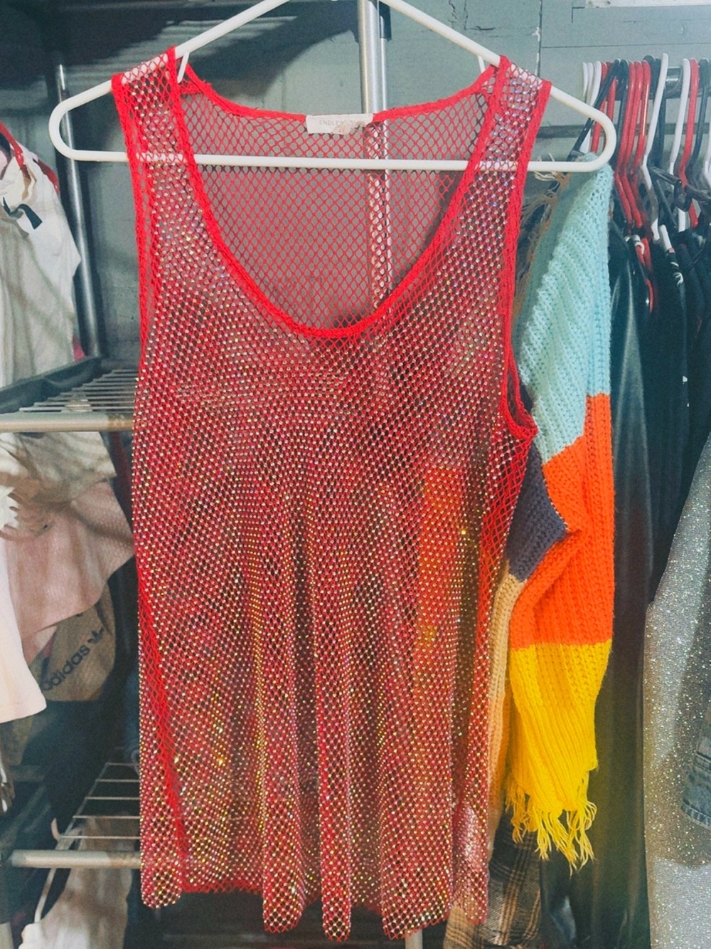 Red Mesh Tank Top with Rhinestone Detail